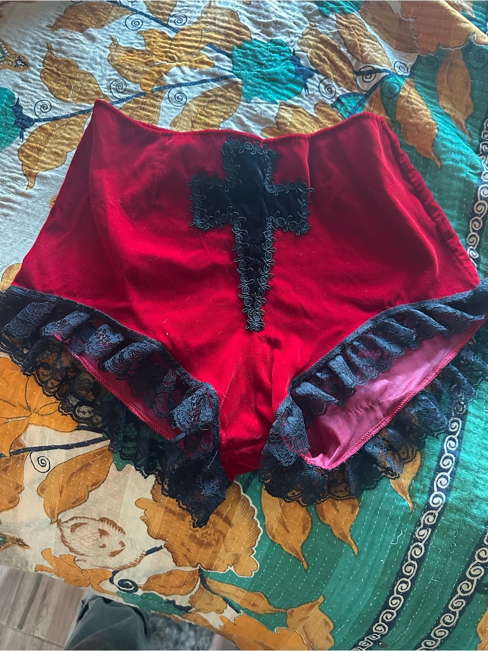 Hand made Red High-Waist Lace Trim Women's Briefs